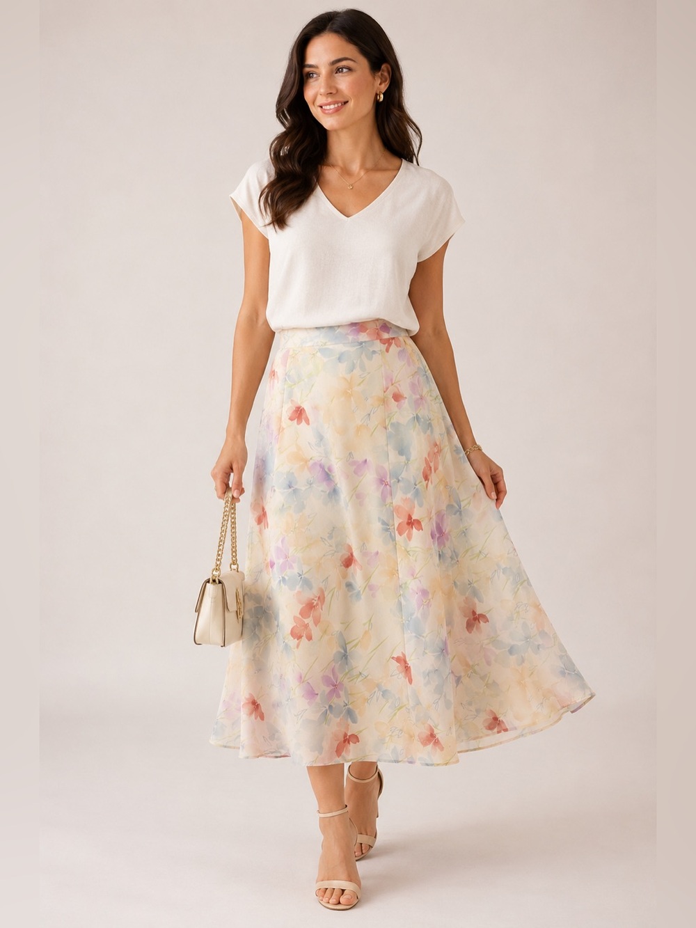 Leslie Fay Floral Midi Skirt 12 Pastel Watercolor Chiffon Lined VTG Cottagecore